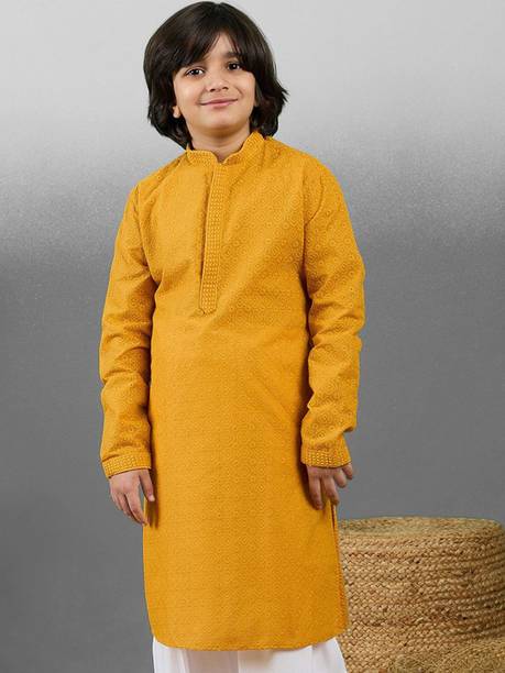 Boys Floral Print Cotton Blend Straight Kurta