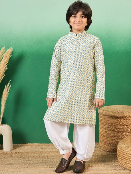 Boys Geometric Print Cotton Blend Straight Kurta