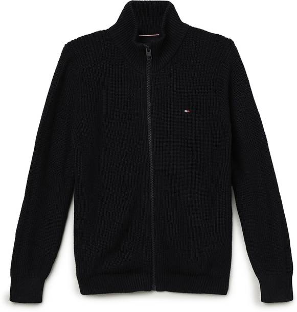 Boys Self Design High Neck Blue Sweater
