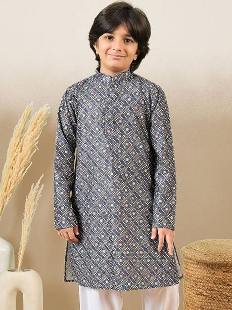 Boys Geometric Print Cotton Blend Straight Kurta
