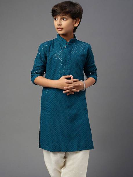 Boys Embellished Cotton Blend Straight Kurta