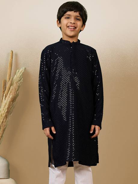 Boys Embellished Cotton Blend Straight Kurta