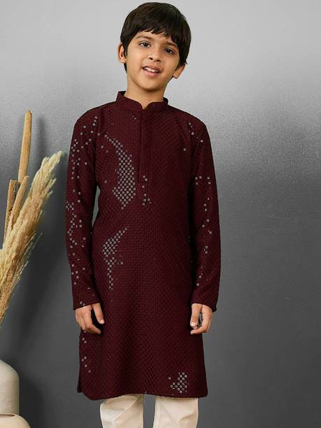 Boys Embellished Cotton Blend Straight Kurta
