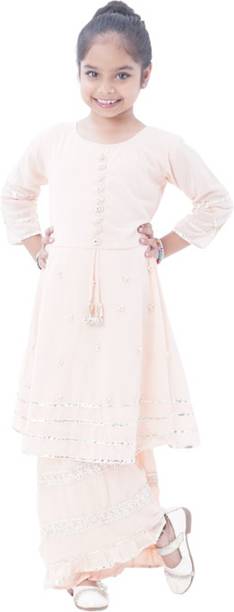 Girls Self Design Cotton Blend Flared Kurta