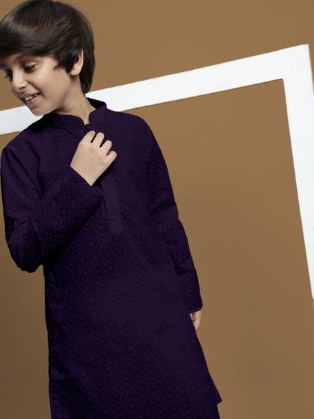 Boys Chikan Embroidery Pure Cotton Straight Kurta