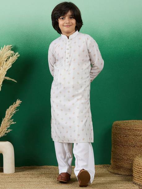 Boys Self Design Cotton Blend Straight Kurta