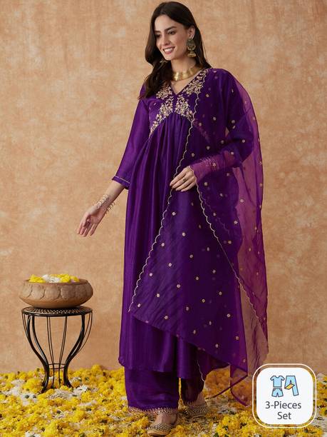 Self Design Anarkali Kurta, Bottom & Dupatta Set
