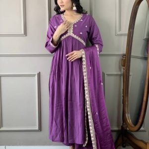 Embroidered, Solid Anarkali Kurta, Bottom & Dupatta Set