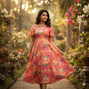 Coral Floral Rayon Midi Dress