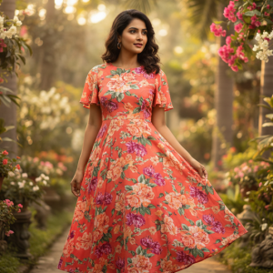 Coral Floral Rayon Midi Dress