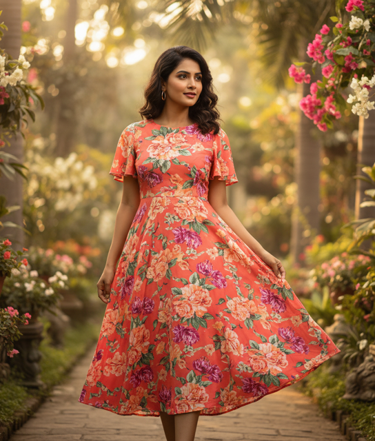 Coral Floral Rayon Midi Dress