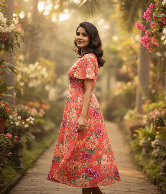Coral Floral Rayon Midi Dress - Image 2