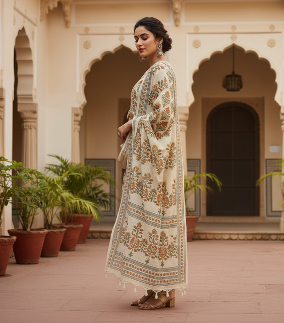 Cream Block Print Kurta Suit - Image 2