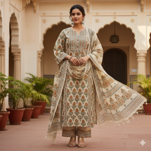 Cream Block Print Kurta Suit