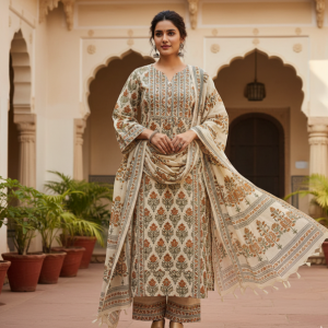 Cream Block Print Kurta Suit