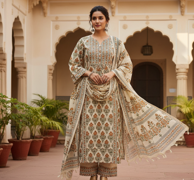 Cream Block Print Kurta Suit