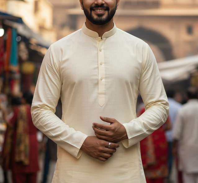 Cream Cotton Kurta Pajama - Image 2