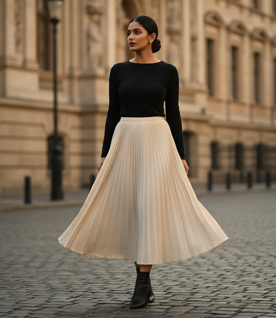Cream Pleated Skirt