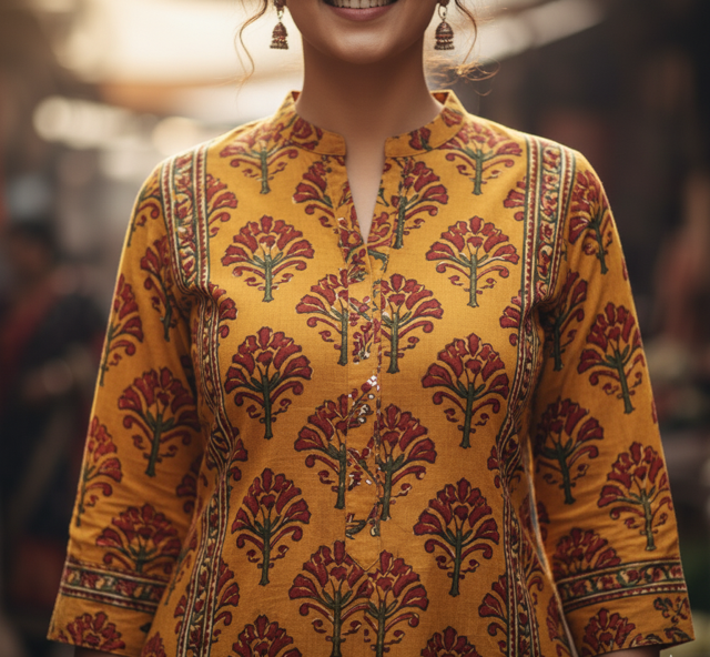 Mustard Block Print Kurti - Image 3