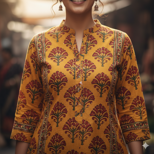 Mustard Block Print Kurti - Image 3