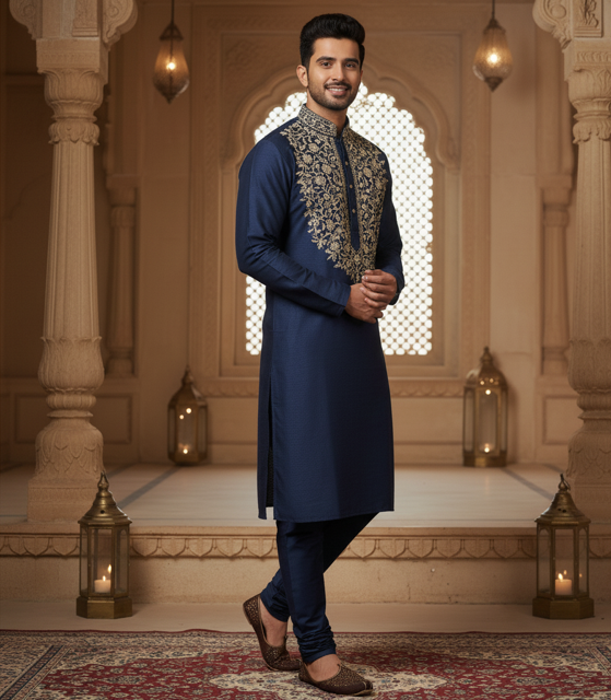 Navy Embroidered Kurta - Image 2
