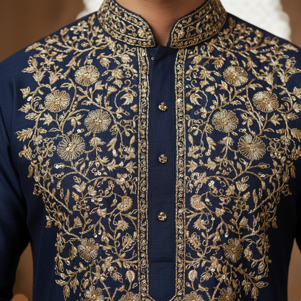 Navy Embroidered Kurta - Image 3
