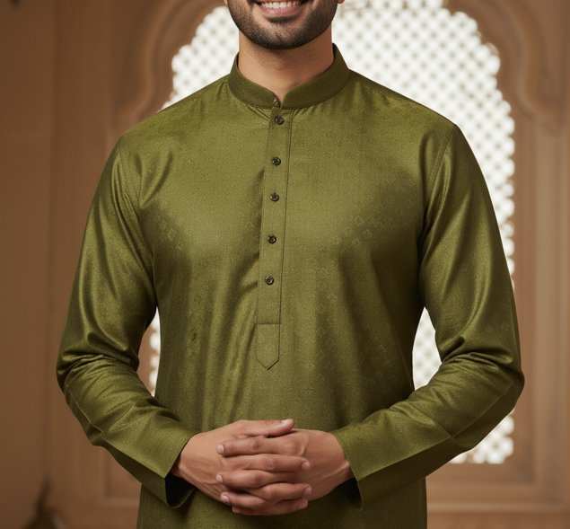 Olive Green Silk Kurta - Image 3