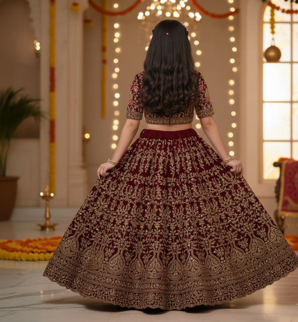 Velvet Lehenga with Embroidery - Image 2