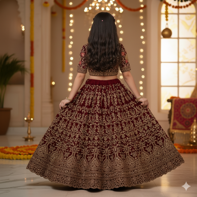 Velvet Lehenga with Embroidery - Image 2