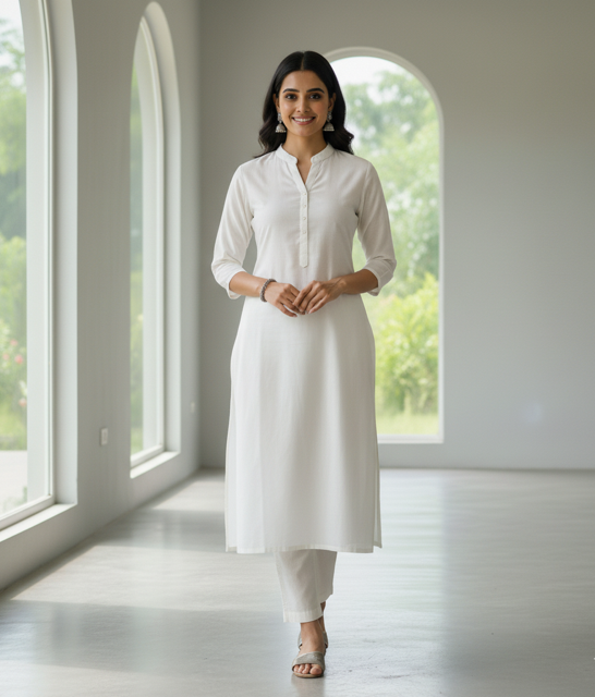 White Solid Straight Kurti