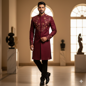 Wine Bandhgala Kurta
