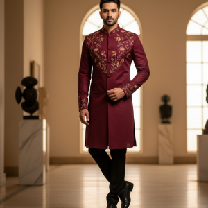 Wine Bandhgala Kurta
