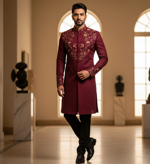 Wine Bandhgala Kurta