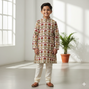 Cream Cotton Printed Kurta Pajama