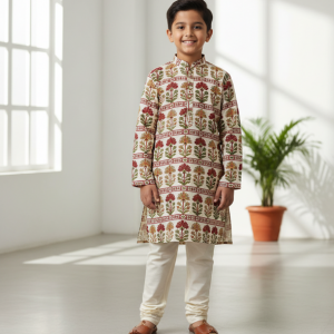 Cream Cotton Printed Kurta Pajama