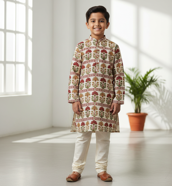 Cream Cotton Printed Kurta Pajama