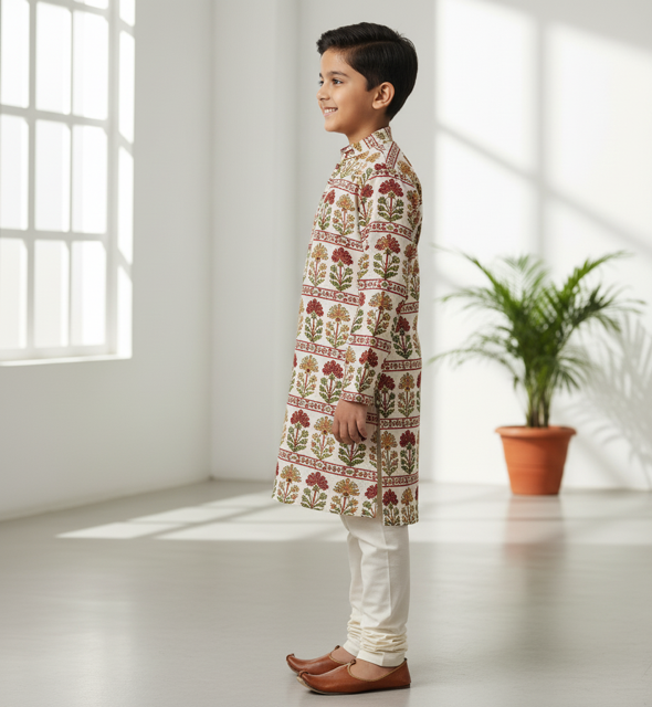 Cream Cotton Printed Kurta Pajama - Image 2