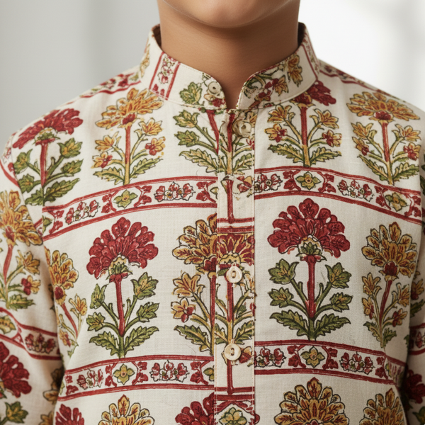 Cream Cotton Printed Kurta Pajama - Image 3