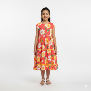 Coral Pink Floral Cotton Midi Dress