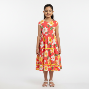 Coral Pink Floral Cotton Midi Dress