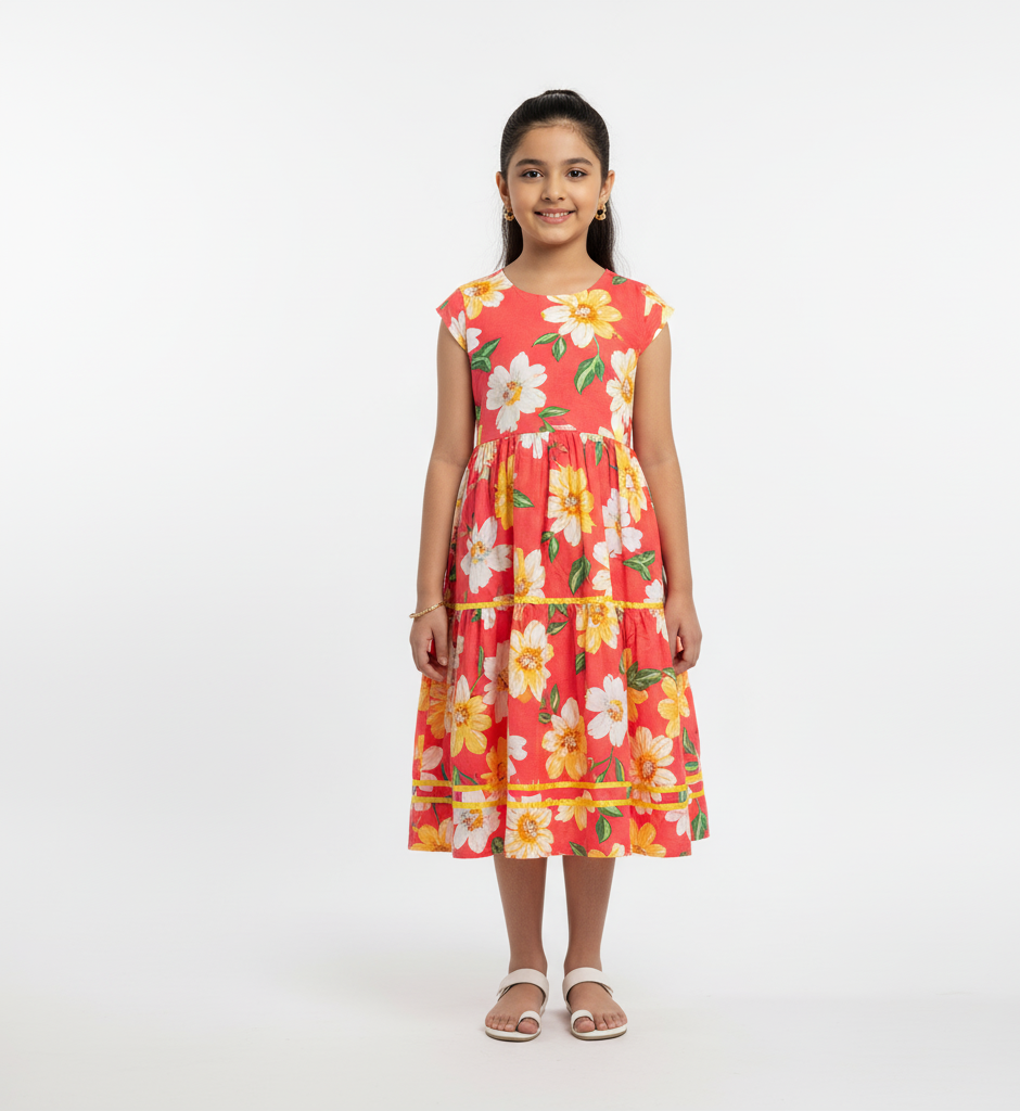 Coral Pink Floral Cotton Midi Dress