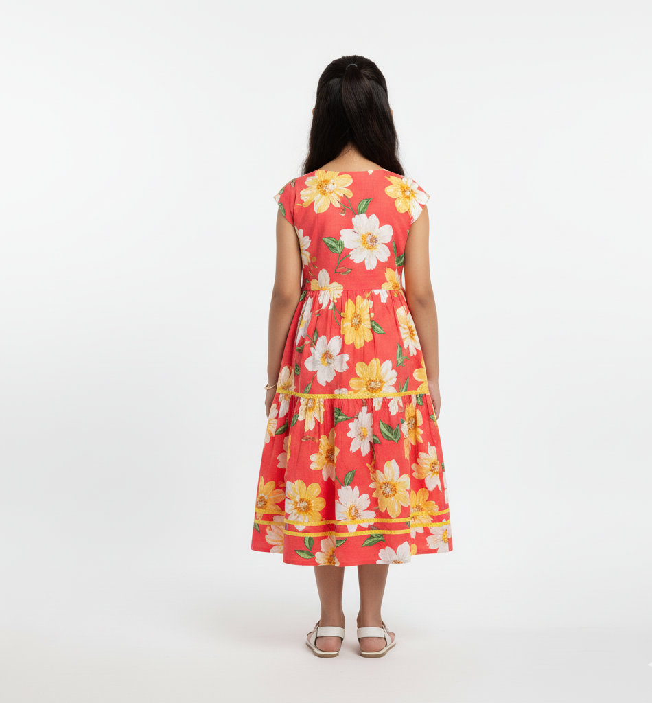 Coral Pink Floral Cotton Midi Dress - Image 2