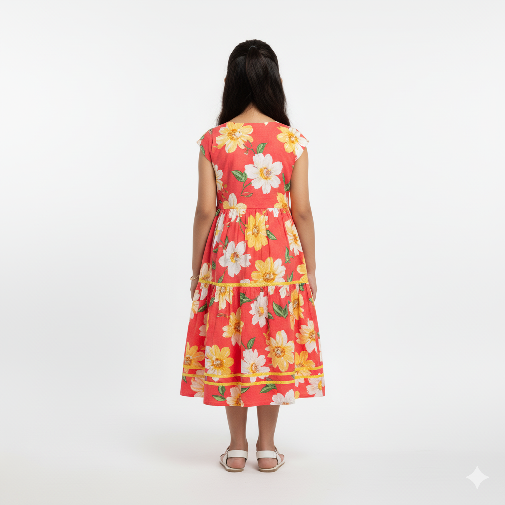 Coral Pink Floral Cotton Midi Dress - Image 2