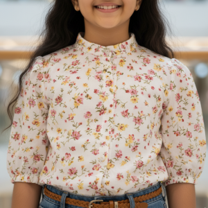 White cotton Floral Printed Blouse for Girls