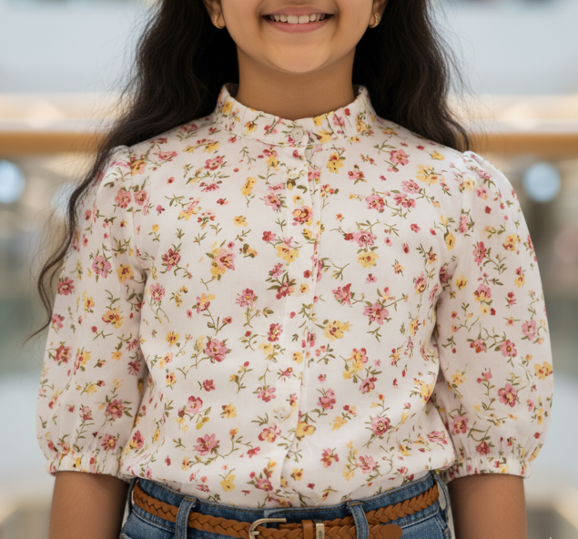White cotton Floral Printed Blouse for Girls