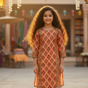 Peach Block Print Kurta Set