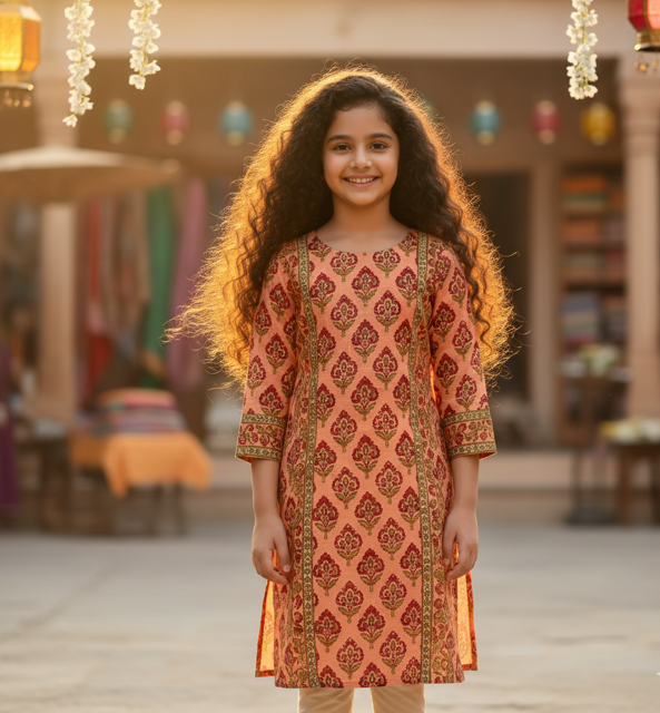 Peach Block Print Kurta Set