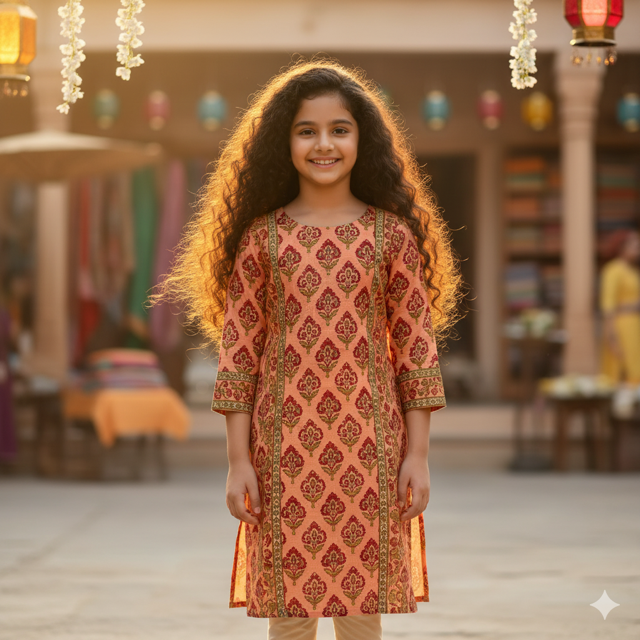 Peach Block Print Kurta Set