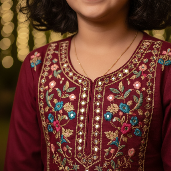 Maroon Embroidered Cotton Kurta - Image 2