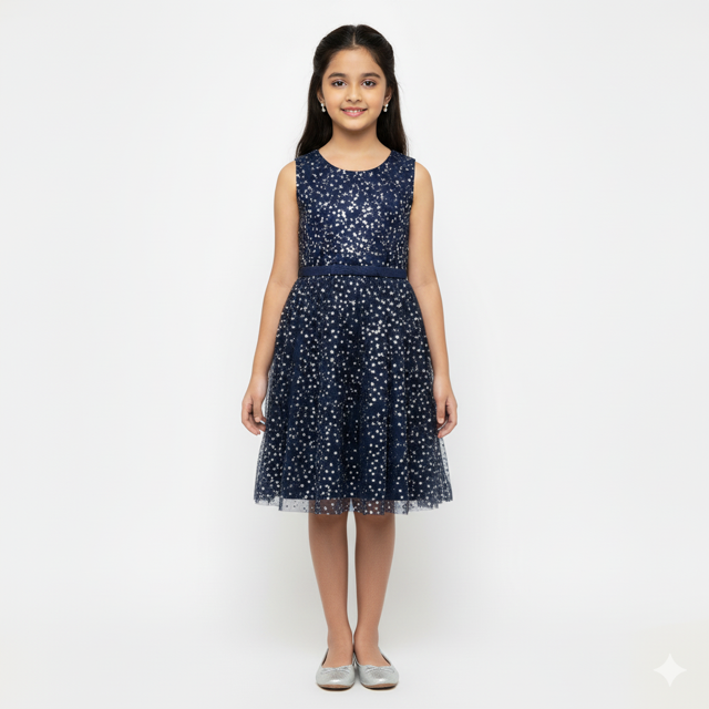Midnight Blue Sequin Party Dress with Tulle